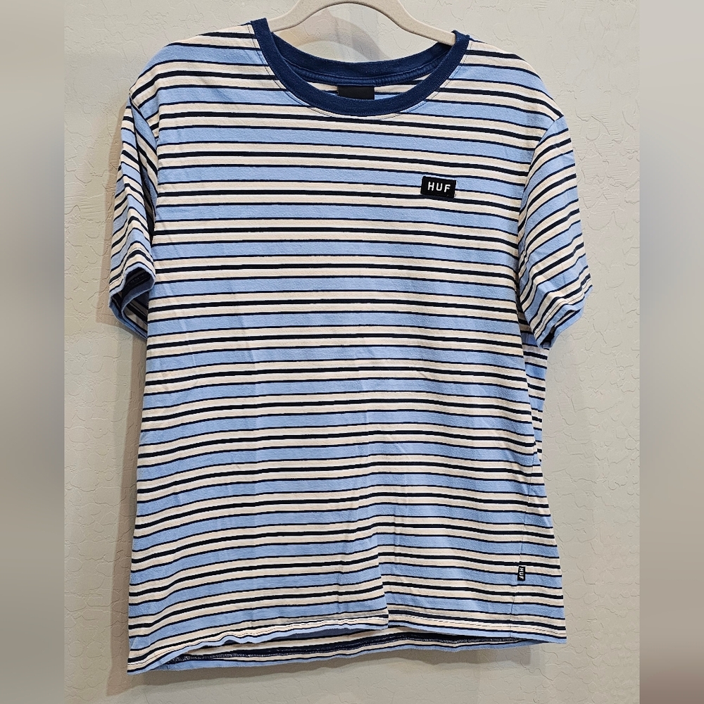 HUF Light Blue, Navy & White Stripe Crew Tee